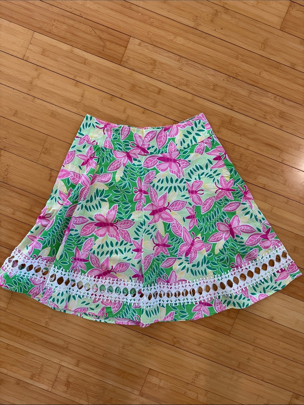Floral A-Line Skirt with Eyelet Trim - Pink & Green